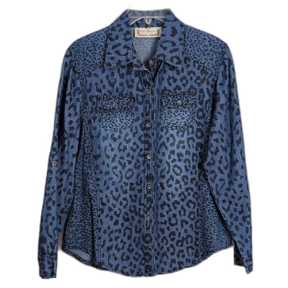 Life Style Blue Denim Animal Print Roll Tab Sleeve Button Down Shirt Women's L - Picture 1 of 4